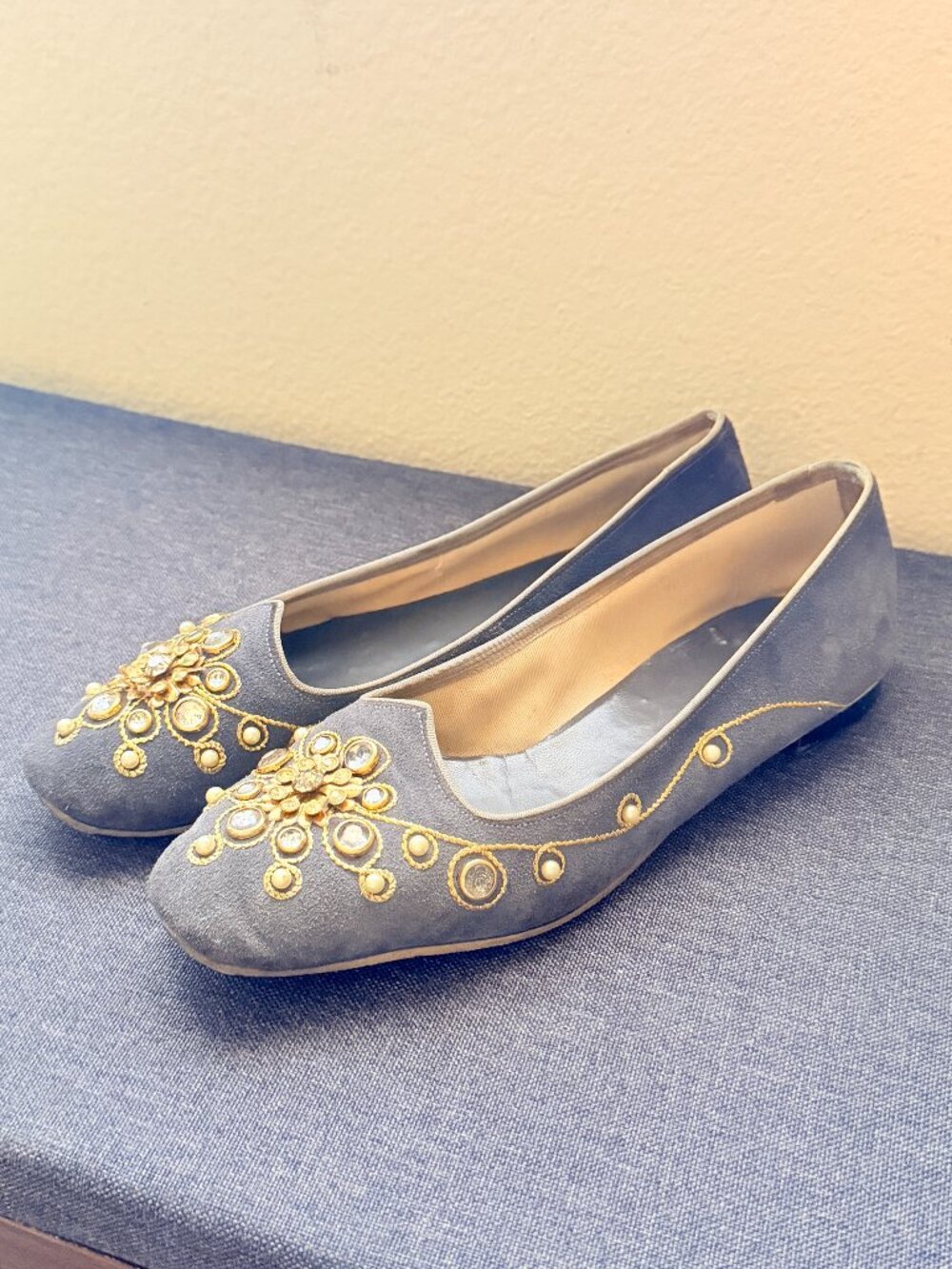 Vintage Grey Suede Jeweled Rhinestone Flats